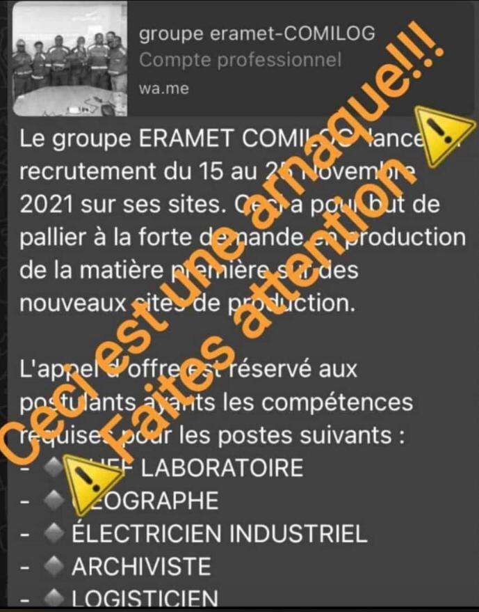 Recrutement : Comilog dénonce la diffusion d' une fausse offre